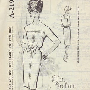 May include: Vintage sewing pattern A-219 featuring a dress design with a bow at the waist. The illustration shows a woman in the dress, with short sleeves and a pencil skirt. The pattern includes the text "Alan Graham" and "Spadea Fashions, Inc."