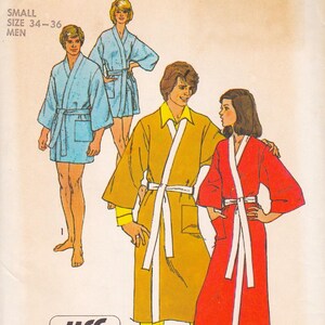 May include: Vintage sewing pattern featuring illustrations of bathrobes in various colors: light blue, yellow, and red. The pattern includes sizes for men, with the text "SMALL SIZE 34-36 MEN" visible at the top.