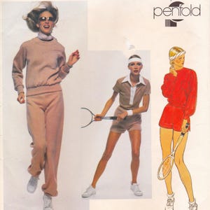 May include: An advertisement featuring three women in athletic wear. One woman is wearing a tan sweatsuit, another is in a tennis outfit, and the third is in a red shorts set. The Penfold logo is in the upper right corner.