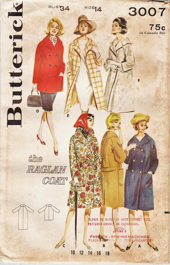 Butterick 3007 / Vintage 60s Sewing Pattern / Raglan Sleeve Coat Jacket / Size 14 Bust 34