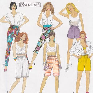 May include: A vintage fashion illustration featuring various women's outfits. The outfits include shorts, pants, and tops in various colors and patterns. The image has the text "easy ESSENTIALS" in the upper left corner.