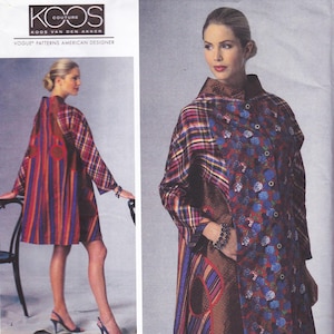 May include: A sewing pattern envelope for a Koos Couture Koos Van Den Akker Vogue Patterns American Designer coat. The pattern features a long-sleeved coat with a high collar, a mix of plaid and floral fabric panels, and circular accents.