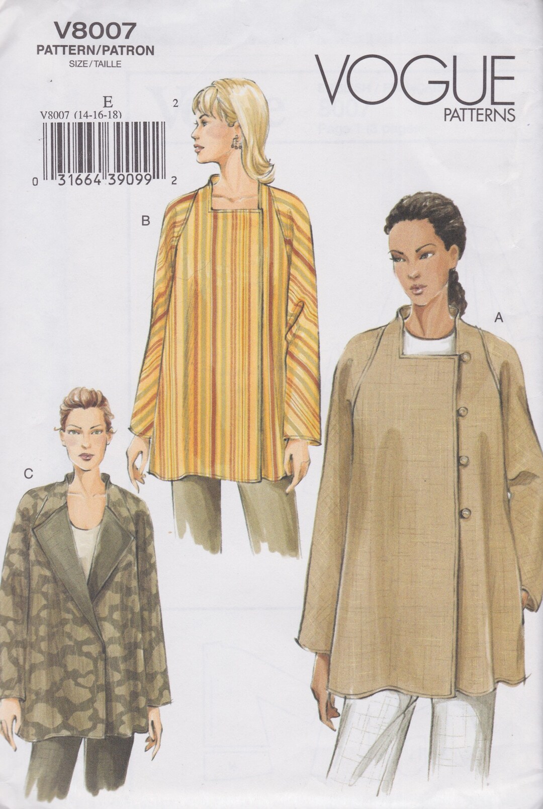 Vogue 8007 / Sewing Pattern / Raglan Sleeve Jacket / Sizes 14 16 18 ...