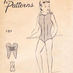 May include: Vintage sewing pattern illustration featuring a woman in a swimsuit. The image includes the word "Patterns" and the number "101". Additional illustrations of garment pieces are also present, all in black and white.