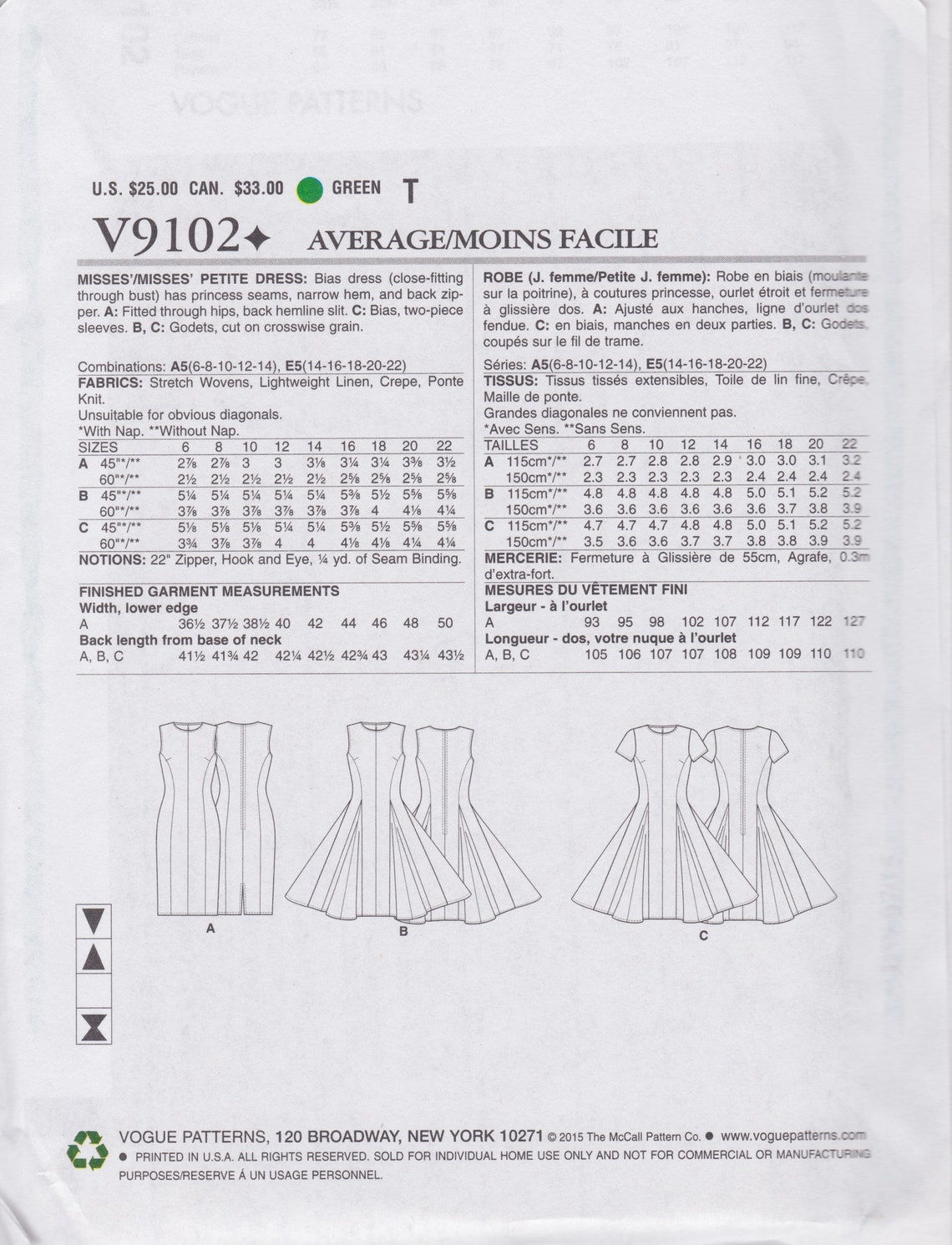 Vogue 9102 / Sewing Pattern / Bias Dress With Princess Seams / - Etsy