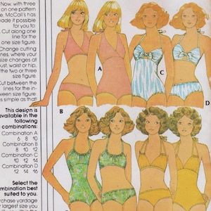 May include: A vintage McCall's sewing pattern illustration featuring eight figures wearing various swimsuit styles, including solid pink, blue and white striped, green floral, and solid yellow bikinis and one-piece bathing suits.