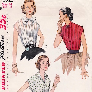 May include: Vintage sewing pattern with illustrations of women's blouses. The blouses feature striped, polka dot, and solid red designs. The pattern is labelled "Printed Pattern" and includes size and bust measurements.