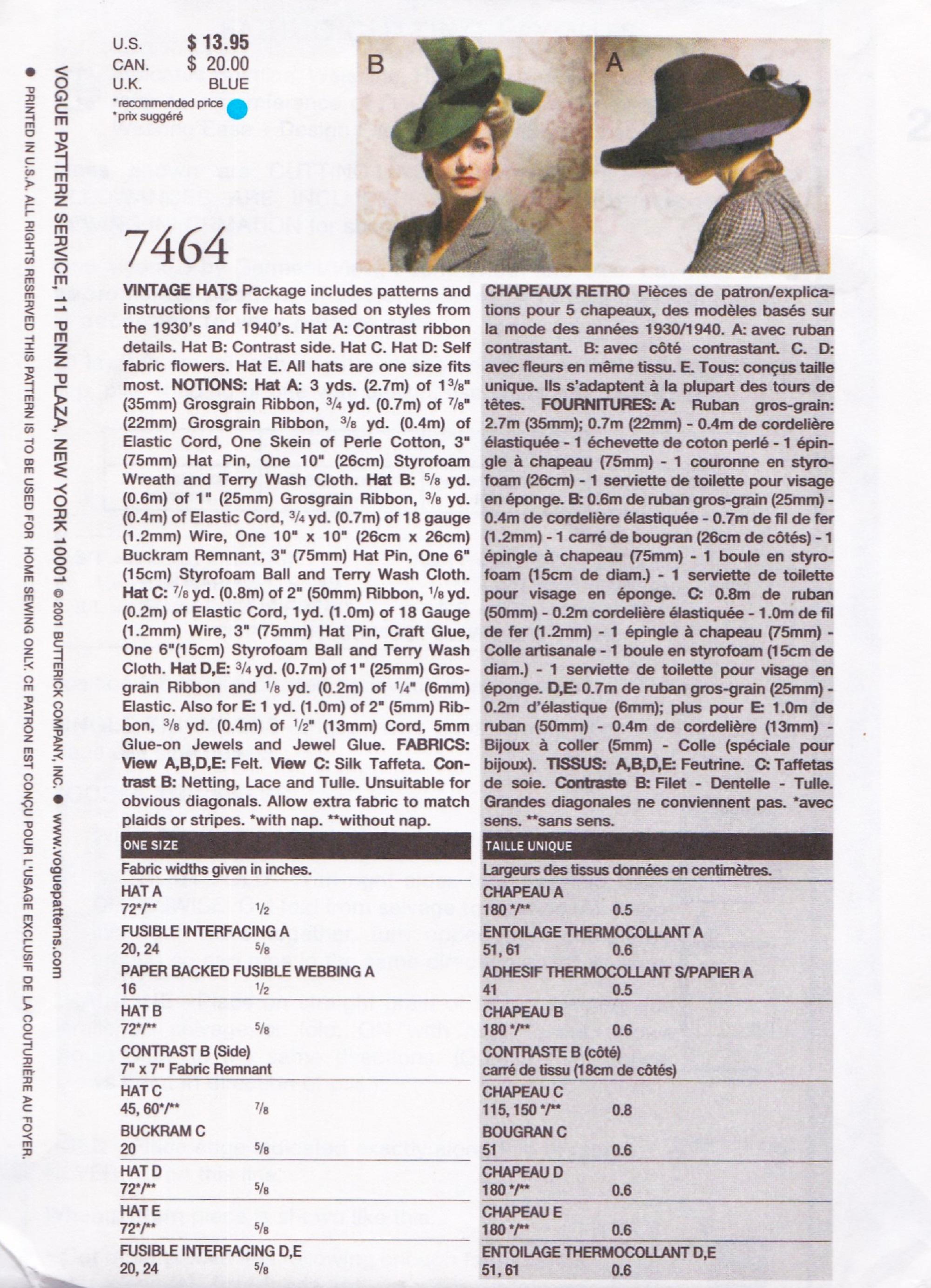 Patron De Couture Vogue 7464 – 5 Créations Chapeaux Années 50 – Chic Et élégant – Neuf