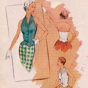 May include: Vintage fashion illustration featuring a teal halter top with button details, paired with a plaid skirt in green and yellow. Additional sketches showcase a white corset and a white halter top with a skirt. The artwork is in a retro style.