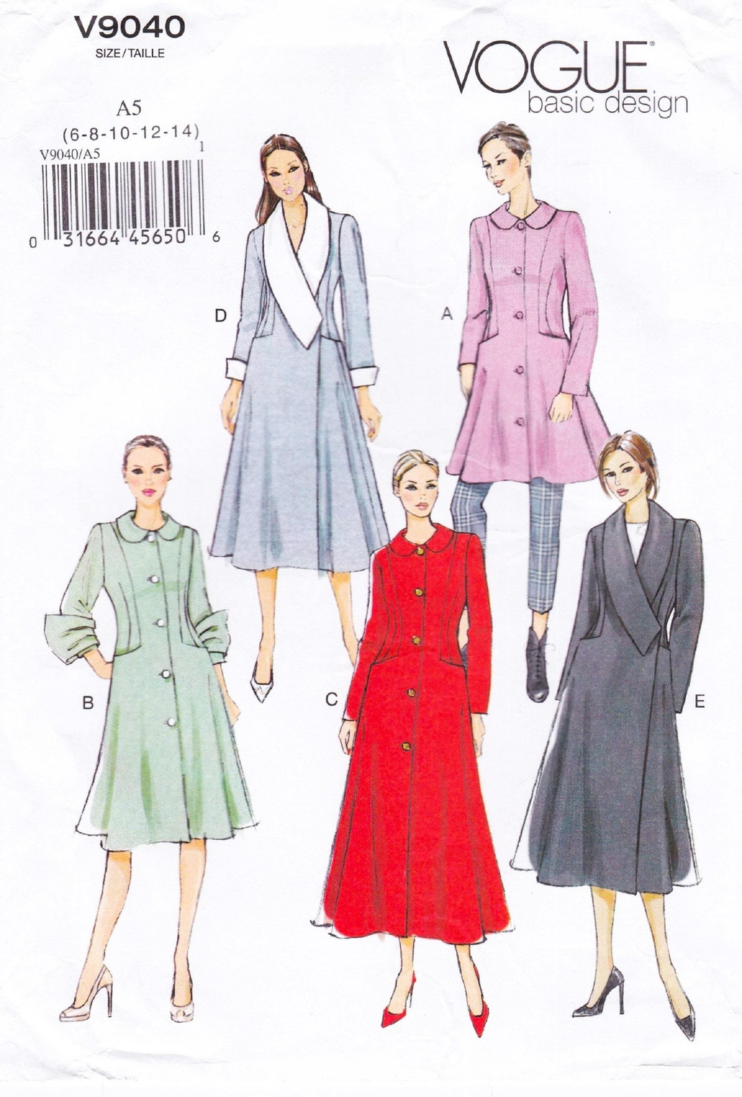 Vogue 9040, Basic Design Sewing Pattern, Coat, Sizes 6 8 10 12 14 ...