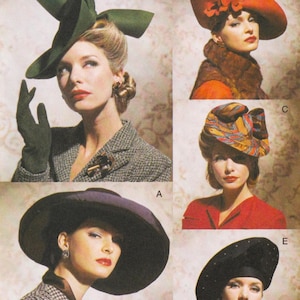 May include: A collage of vintage hats, each worn by a model. The hats vary in style and color, including a large green hat, a red hat with floral accents, and a black hat with a wide brim. The models are wearing vintage clothing.