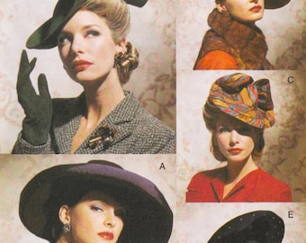 May include: A collage of vintage hats, each worn by a model. The hats vary in style and color, including a large green hat, a red hat with floral accents, and a black hat with a wide brim. The models are wearing vintage clothing.