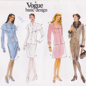 May include: Vogue Basic Design sewing pattern featuring illustrations of women's suits. The suits are in various colors, including light blue, white, pink, and gray. The pattern includes a variety of styles, such as skirt suits and suits with capes.