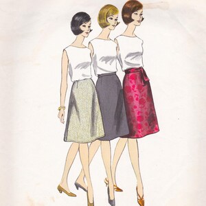 May include: An illustration of three women in 1960s-style outfits. Each woman wears a white sleeveless top and a skirt. The skirts are in different colours and patterns: a light green herringbone, a dark grey, and a red floral print. The women are wearing heels.