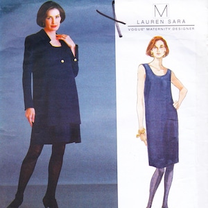 May include: A navy blue maternity dress and a matching coat with gold buttons are shown in a fashion illustration. The illustration is labeled "Lauren Sara Vogue Maternity Designer."
