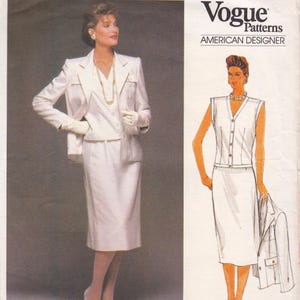 May include: A woman in a white skirt suit with a matching jacket and gloves. The Vogue Patterns logo is visible in the upper right corner, with the text "AMERICAN DESIGNER" below it. The image on the right shows a sleeveless top and skirt.