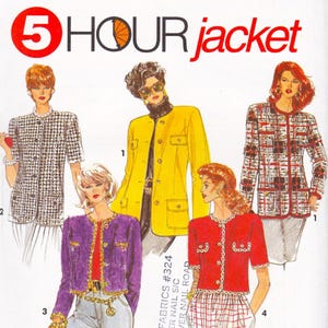 May include: A vintage fashion illustration featuring five jacket designs. The jackets are in various colors and patterns, including houndstooth, yellow, red, and purple. The text "5 HOUR jacket" is at the top. The illustration is from a sewing pattern.