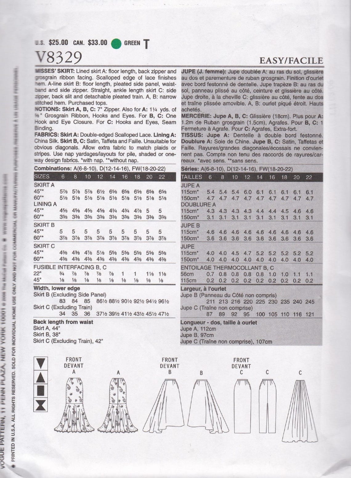 Vogue 8329, Sewing Pattern, Evening Skirt With Fishtail Hemline, Sizes ...