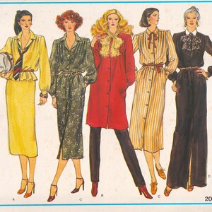 May include: An illustration of five women wearing vintage dresses. The dresses include a yellow skirt suit with a tie, a green floral print dress, a red coat dress, a striped dress, and a black dress with a bow.