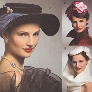 May include: A woman wearing a black hat with a wide brim, adorned with a decorative accent. The image also shows a woman wearing a burgundy hat with a pink flower and a white hat with white flowers. The woman is wearing a pearl necklace and earrings.