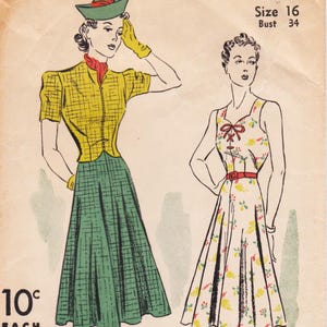 May include: Vintage sewing pattern illustration featuring two women's fashion designs. One model wears a yellow plaid jacket, green skirt, and hat. The other model is in a floral dress with a red belt. The text reads "Size 16 Bust 34".