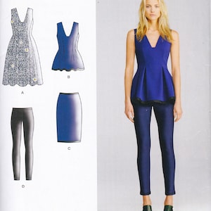 May include: A sewing pattern for a dress, top, skirt, and leggings. The dress is a silver and white floral print. The top is a blue sleeveless top with a ruffle at the bottom. The skirt is a blue pencil skirt. The leggings are black.