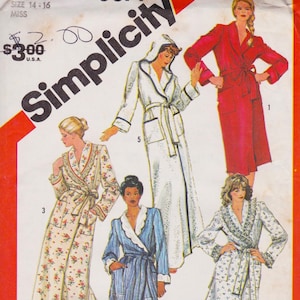 May include: Simplicity sewing pattern featuring illustrations of various robes. The robes are in different colors and patterns, including floral, striped, and solid designs. The pattern includes a hooded robe, a red robe, and several others with different collar styles.
