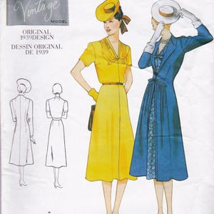 May include: A vintage fashion illustration showcasing two women in 1939 designs. One model is in a yellow dress with a matching hat and gloves, the other in a blue dress with a white hat and gloves. The text reads "Vintage Model" and "Original 1939 Design".