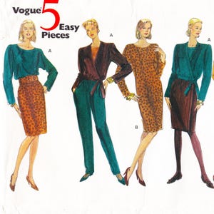 May include: Vogue 5 Easy Pieces fashion sewing pattern. The illustration features women's clothing designs, including a wrap top, skirt, dress, and pants. The designs are in various colors, including teal, brown, and green. The text "Vogue" and "5 Easy Pieces" are visible.