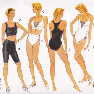 May include: Illustration of four women's swimwear designs. The designs include a black crop top and shorts set, a white bikini with lace detailing, a black one-piece swimsuit, and a white one-piece swimsuit with lace detailing. The swimwear is shown on models.