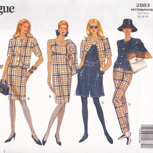 May include: Vogue pattern 2883 featuring four women's fashion ensembles. The designs include a plaid skirt suit, a sleeveless dress with a matching jacket, a shorts set with a cropped jacket, and a plaid pantsuit. The color palette includes tan, brown, and navy.