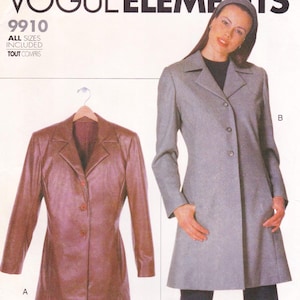 May include: Vogue Elements sewing pattern 9910. The image shows two long coats. One is a brown leather coat on a hanger, and the other is a gray coat being worn by a person. The pattern includes all sizes.