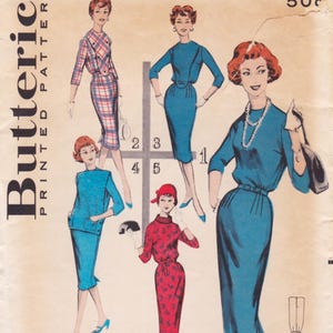 May include: Vintage Butteric printed pattern featuring illustrations of women's dresses. The dresses are in various styles, including a plaid suit, and solid-colored dresses. The color palette includes blue, red, and white. The text "Butteric PRINTED PATTERN" is visible.