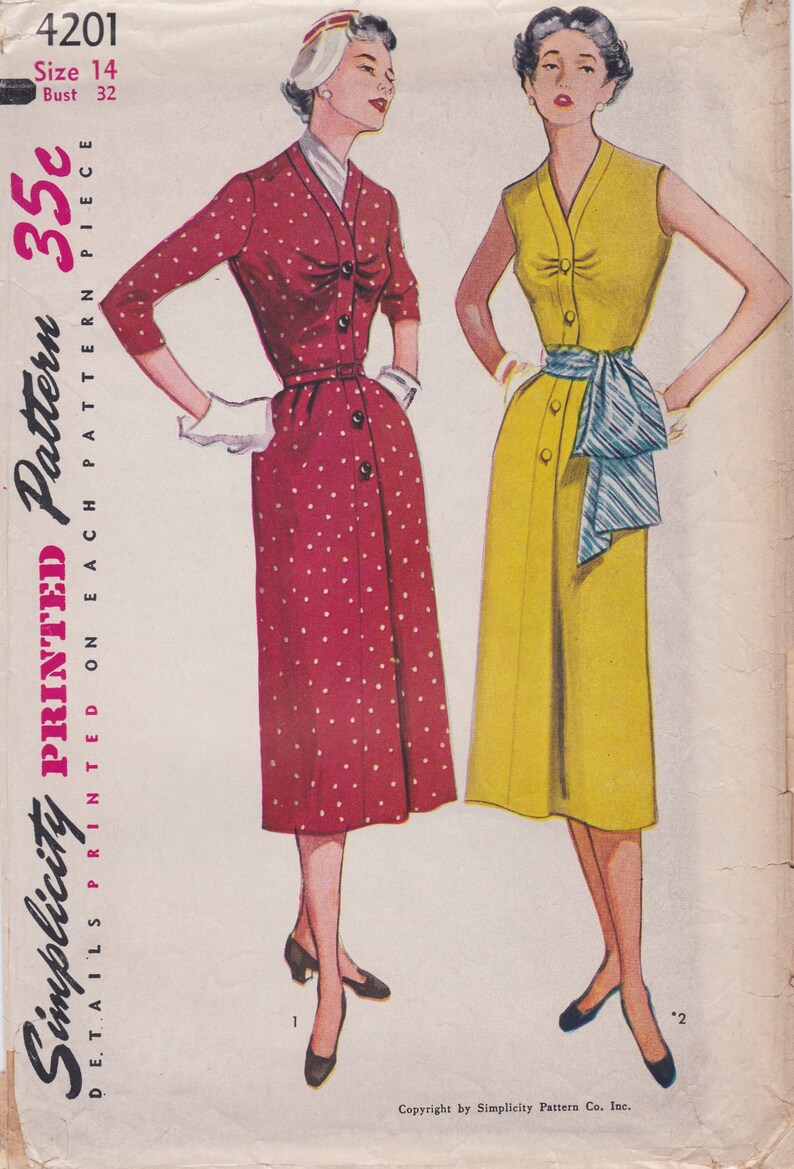 Simplicity 4201  Vintage 50s Sewing Pattern  Dress  Size 14 Bust 32
