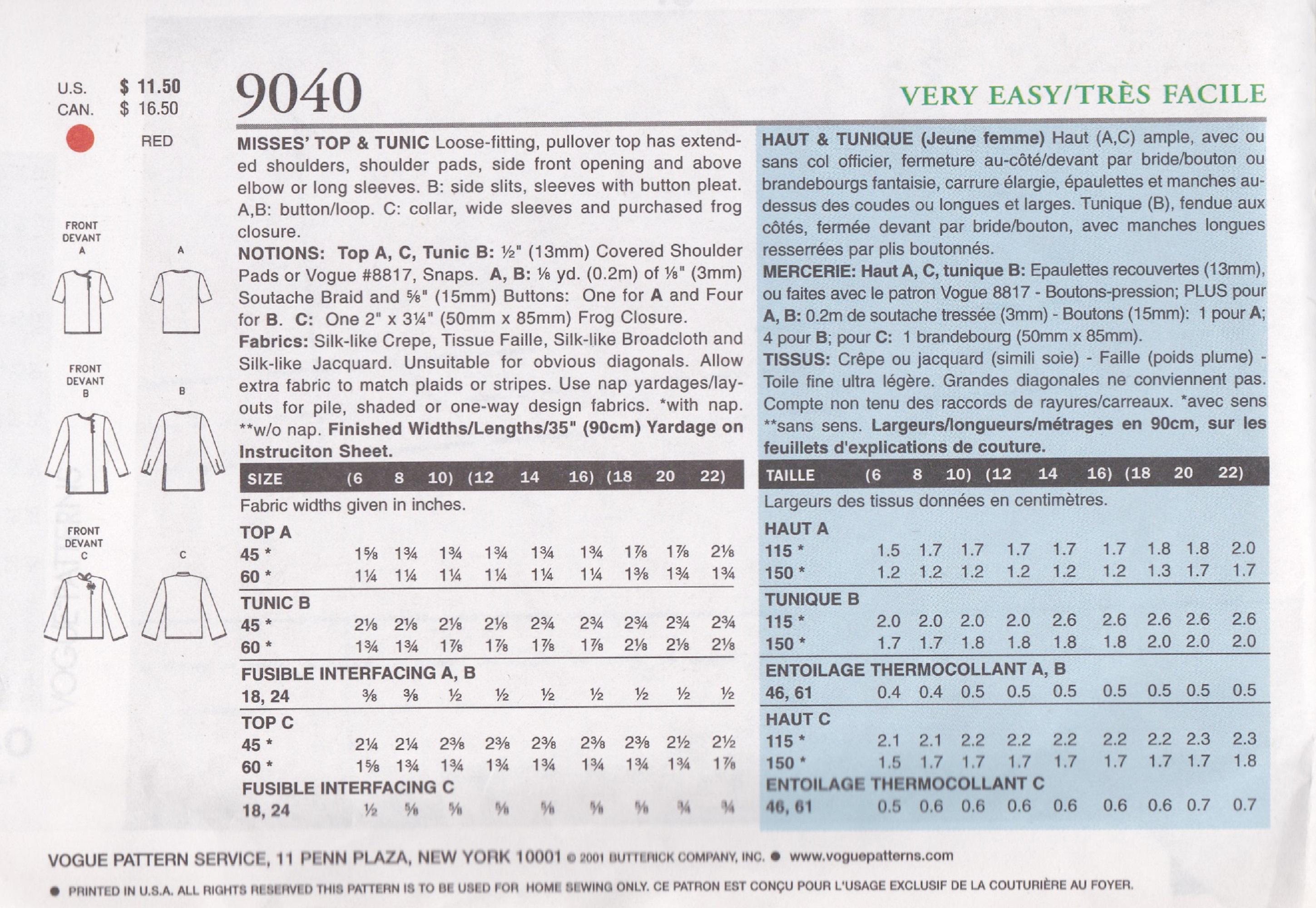 Very Easy Vogue 9040 Vintage Sewing Pattern Tunic Top Sizes 6 8 10 ...