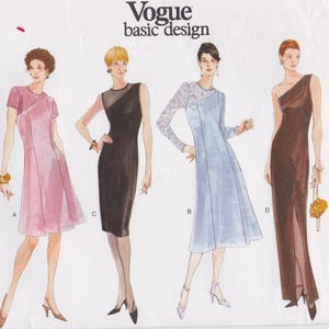 May include: Vogue basic design pattern featuring four dress designs. The dresses include a pink A-line dress, a black sheath dress, a light blue dress with lace sleeve, and a brown one-shoulder dress with a slit.