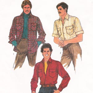 May include: Illustration of three different shirt styles. The first is a red and black plaid flannel shirt over a teal turtleneck. The second is a short-sleeved yellow and white striped shirt. The third is a red button-down shirt.