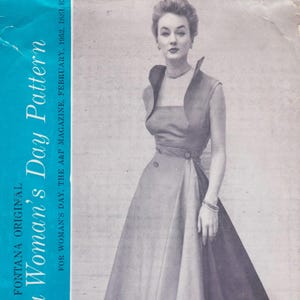 May include: Vintage fashion magazine cover featuring a woman in a stylish dress. The dress has a unique design with a fitted bodice and a flared skirt. The cover includes the text "FONTANA ORIGINAL Woman's Day Pattern" and "FOR WOMAN'S DAY, THE A&P MAGAZINE, FEBRUARY, 1952, ISSUE."