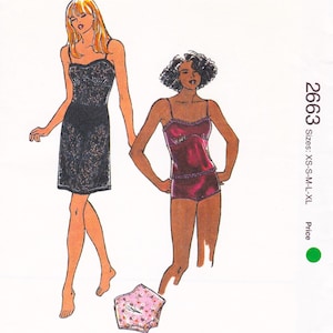 May include: Illustration of women's lingerie designs. One woman is wearing a black lace slip dress, and another is wearing a burgundy camisole and shorts set. A pair of pink floral print panties is also shown. The text "2663 Sizes: XS-S-M-L-XL" is visible.