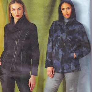 May include: A black jacket with a high collar and vertical zipper closure paired with black trousers, alongside a dark blue hooded jacket featuring a floral pattern and a front zipper closure worn with grey trousers.
