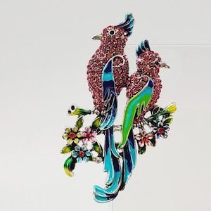 2 Pink Crystal and Enamel Cockatoo Parrots Brooch