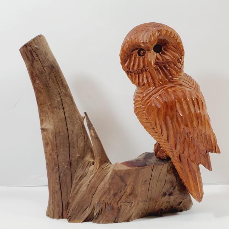 Hand Carved Vintage Owl on a Branch