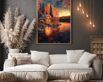 May include: A framed art print depicts a cozy cabin scene by a lake during autumn. The artwork features warm colors of orange, red, and yellow, with a reflection of the cabin in the water. The print hangs above a white sectional sofa.
