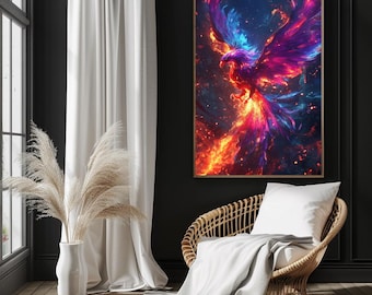 May include: A framed artwork depicts a vibrant phoenix rising from flames. The artwork features a fiery color palette of red, orange, and yellow, contrasted with blue and purple hues. The phoenix is the central focus, with its wings spread wide.