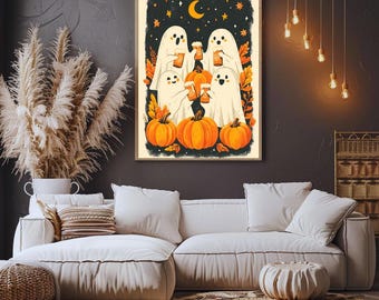 May include: A framed Halloween art print depicting cartoon ghosts with mugs, set against pumpkins. The background shows a night sky with a crescent moon and stars. The print has a vintage, whimsical style.