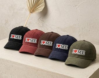 I Love Me-geborduurde corduroy pet | Vintage vaderhoed