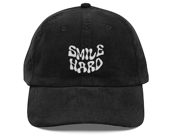Cappellino vintage in velluto a coste SMILE HARD / Ricamo con lettere a bolle in stile retrò anni '70