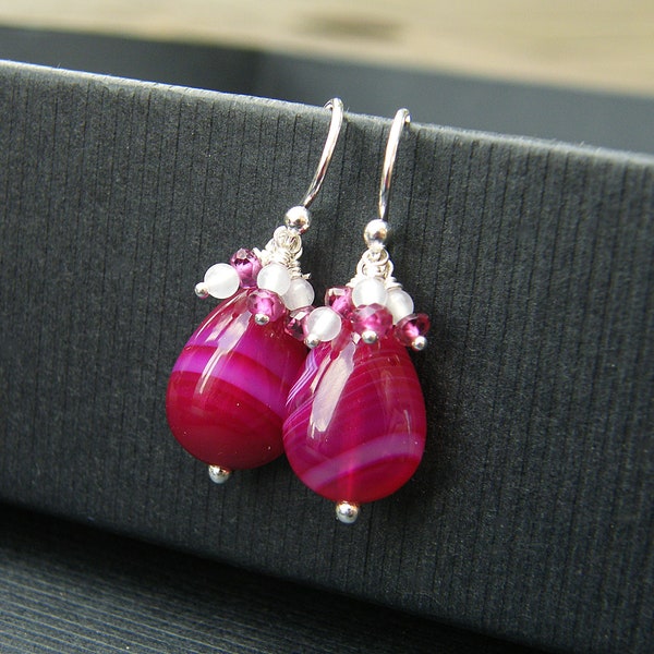 Fuchsia agate earrings sterling silver dangle hot pink white gemstone drop earrings with pink garnet white jade cluster teardrop earrings