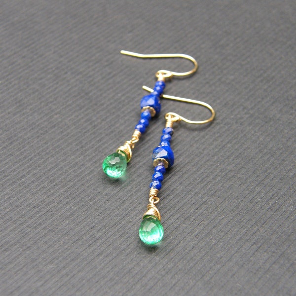 Lapis lazuli green topaz gold filled linear earrings, royal blue mint green gemstone dangle earrings, rich colours luxury jewellery gift
