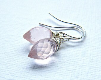 Small rose quartz earrings, rose quartz silver earrings, dainty light pink marquises wire wrapped in sterling silver on French hooks